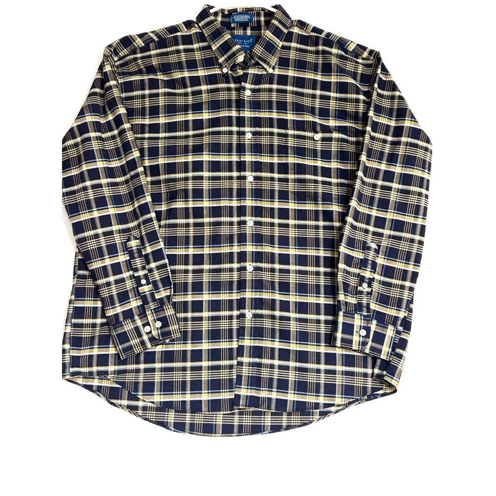 Towncraft Mens XL Wrinkle Free Plaid Button Down Shirt Navy Gold Long Sleeve